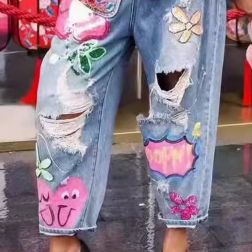 Women Spring Floral Embroidery Diamonds BeadedHoles Denim Pants High Waist Loos - Picture 4 of 4